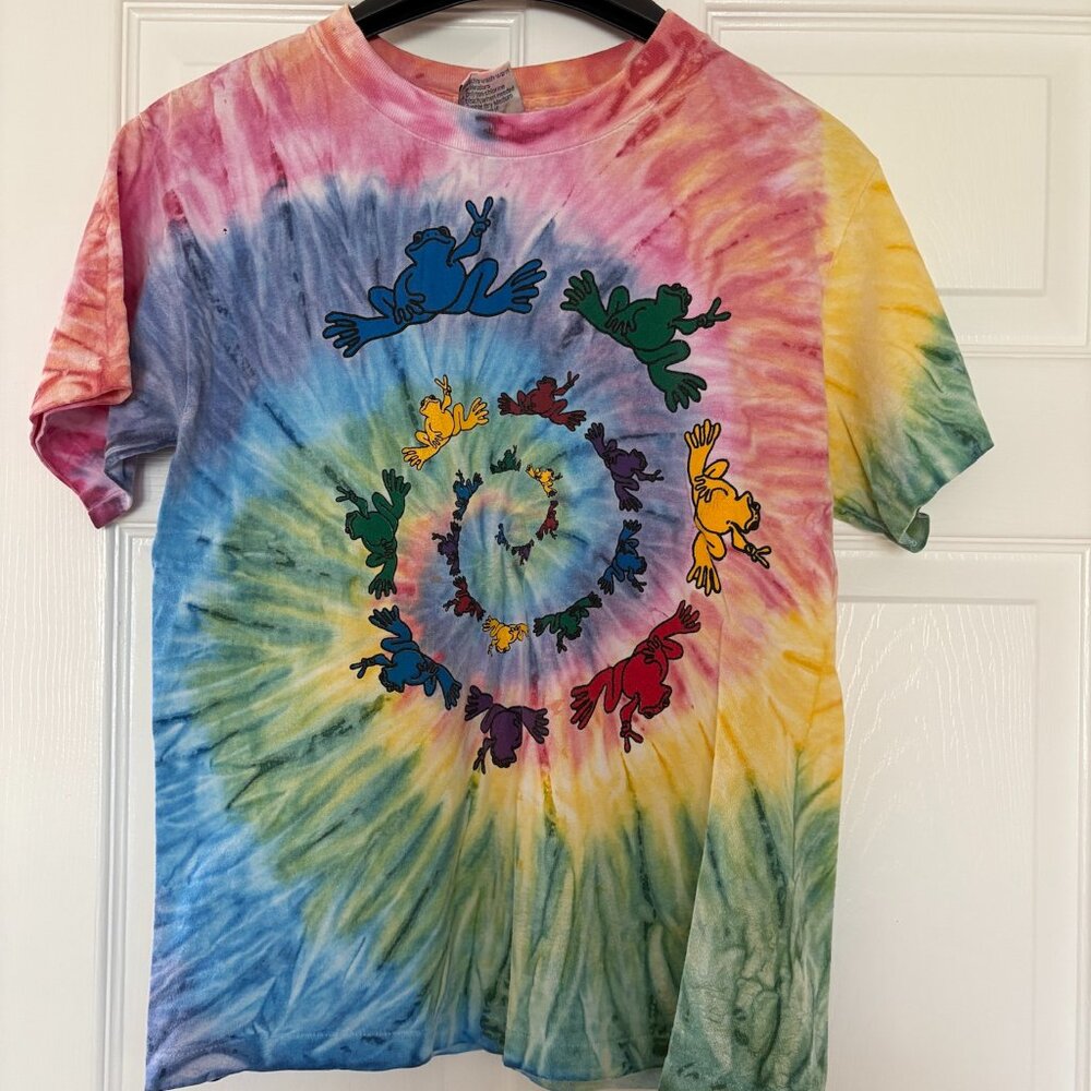 VINTAGE 90s Peace Frogs Rainbow Spiral Tie-Dye Shirt
